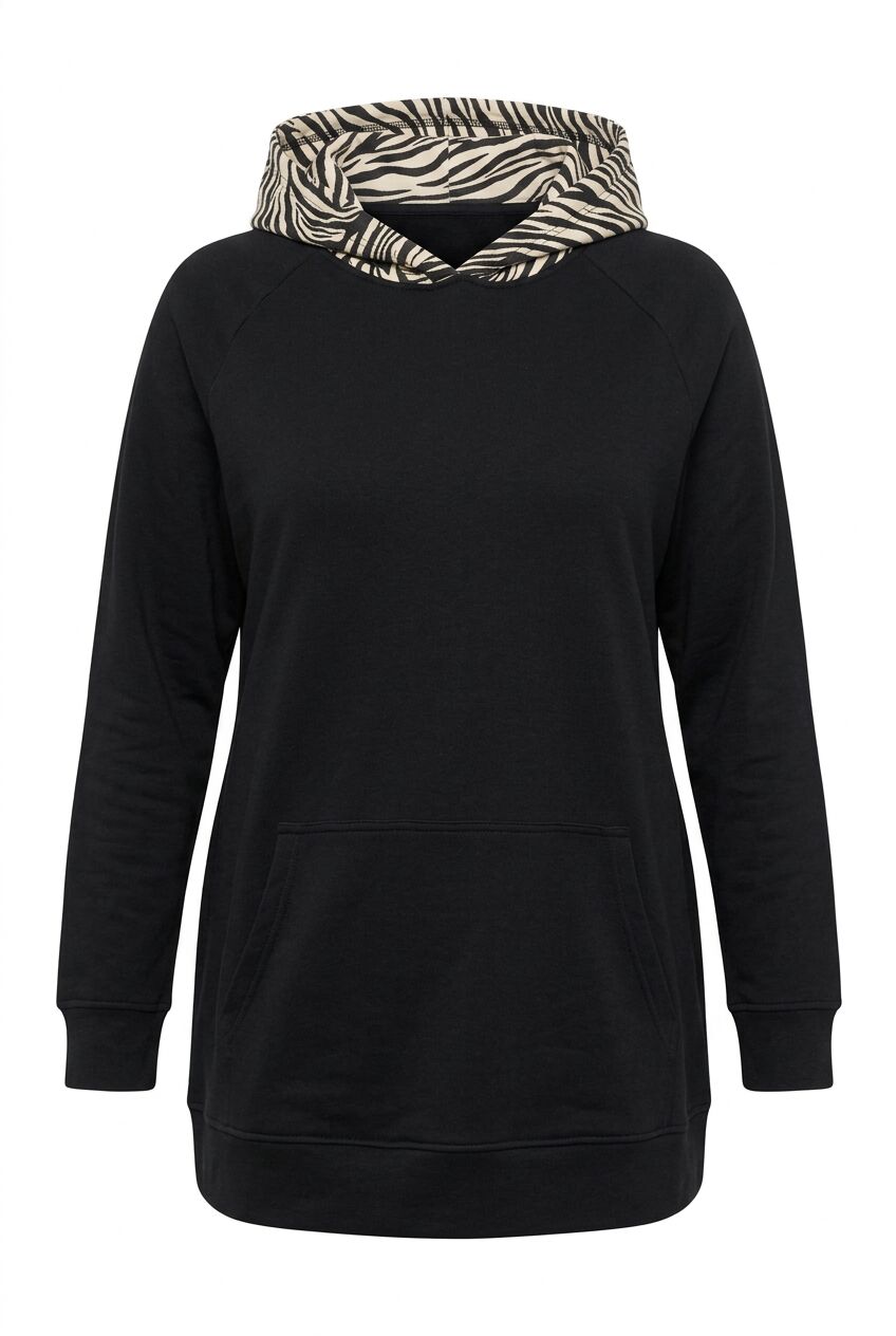 Siyah zebra desenli büyük beden kadın kapüşonlu sweatshirt ön