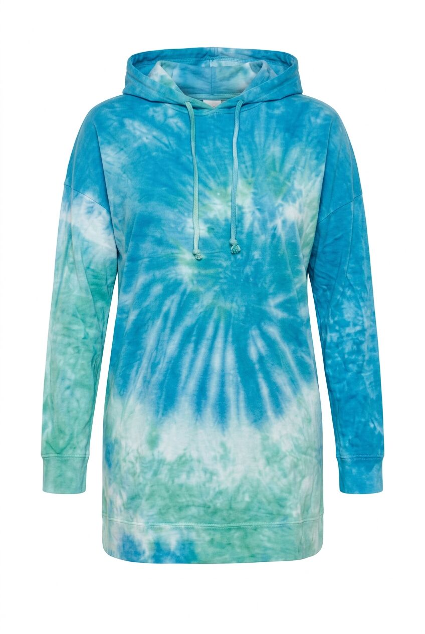 Turkuaz batik desenli büyük beden kadın kapüşonlu sweatshirt ön çekim