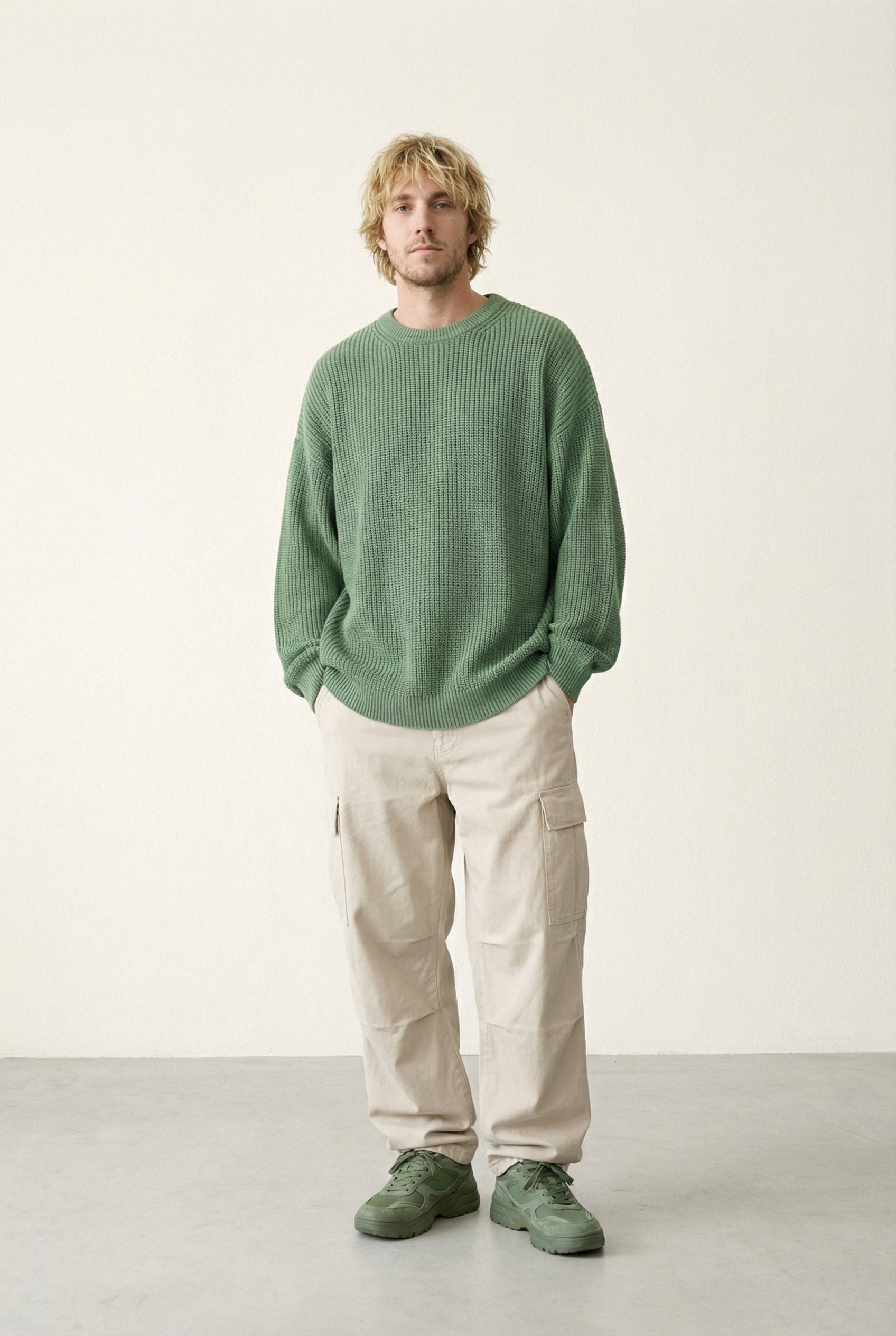 %100 Pamuk Loose Fit Saç Örgü Erkek Kazak