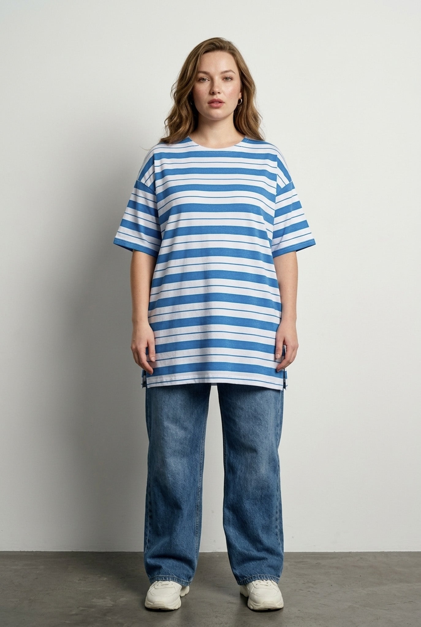 Büyük Beden Bisiklet Yaka Kısa Kollu Çizgili Uzun Esnek Kumaş Tunik T-shirt