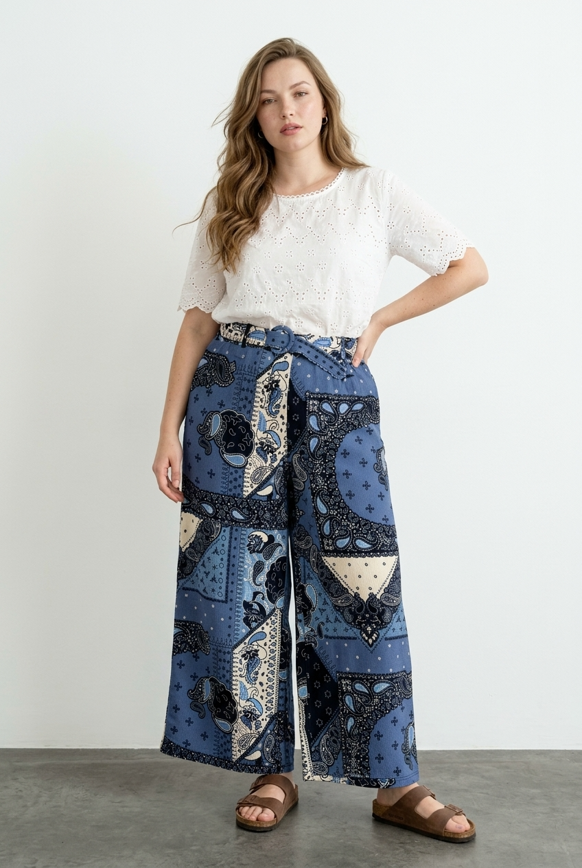 Büyük Beden Beli Lastikli Bol Paça Bürümcük Kumaş Esnek Kumaşlı Cepli Pantolon