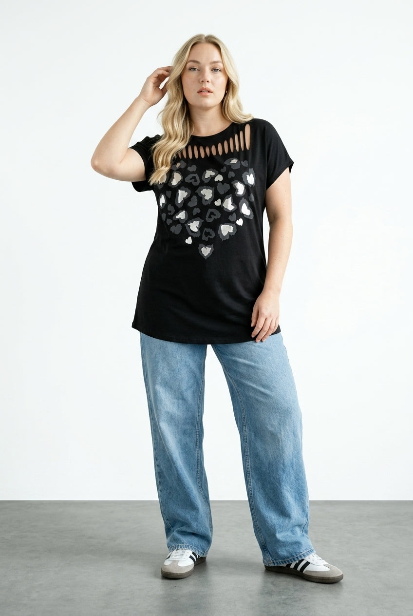 Metalik Baskılı Yırtık Detaylı T-shirt