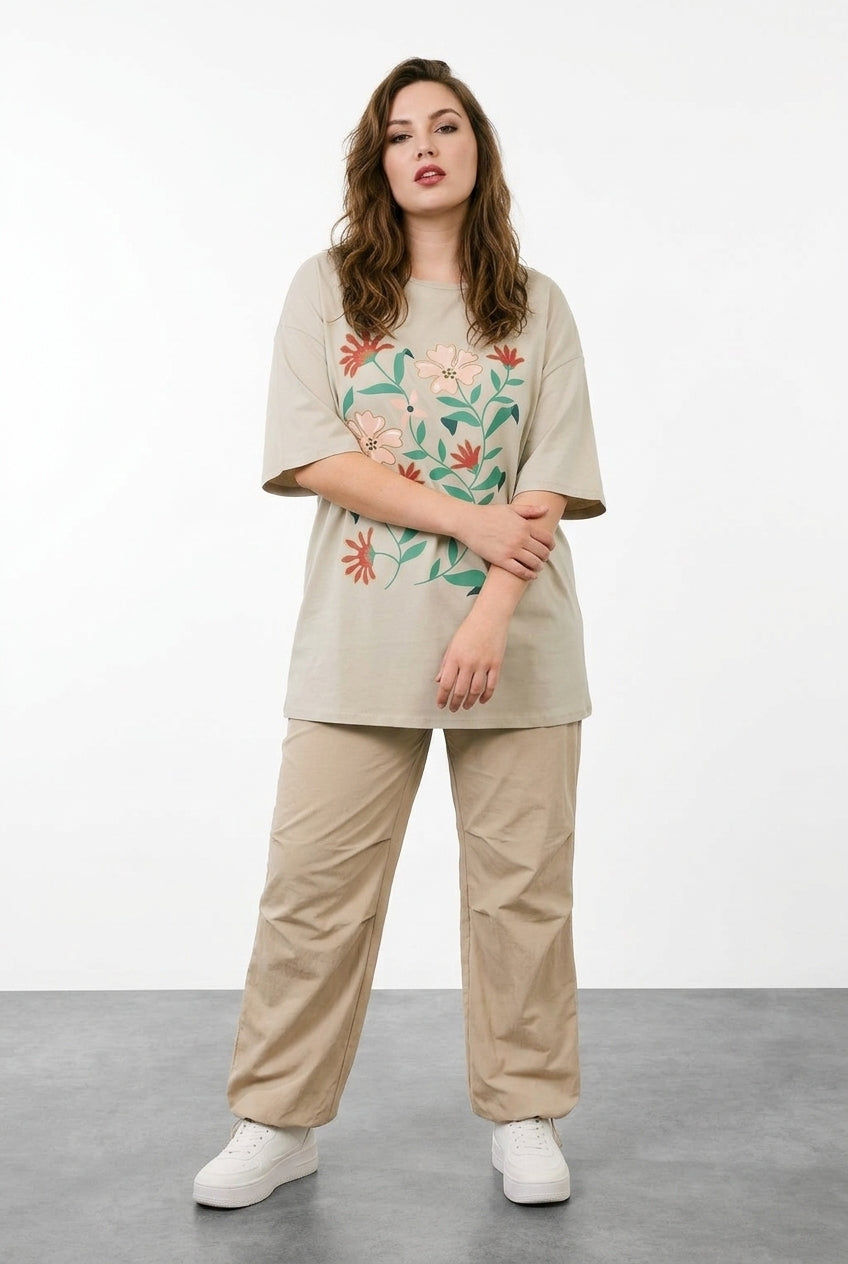 Çiçek Baskılı Oversize T-shirt