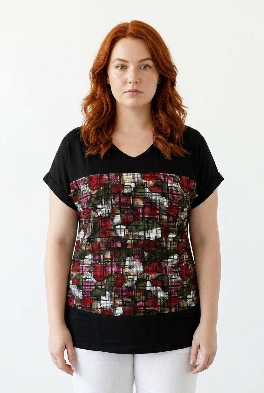 V Yaka Renk Bloklu T-shirt