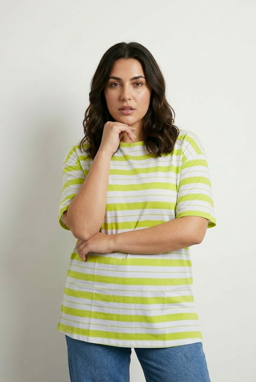 Büyük Beden Bisiklet Yaka Kısa Kollu Çizgili Uzun Esnek Kumaş Tunik T-shirt