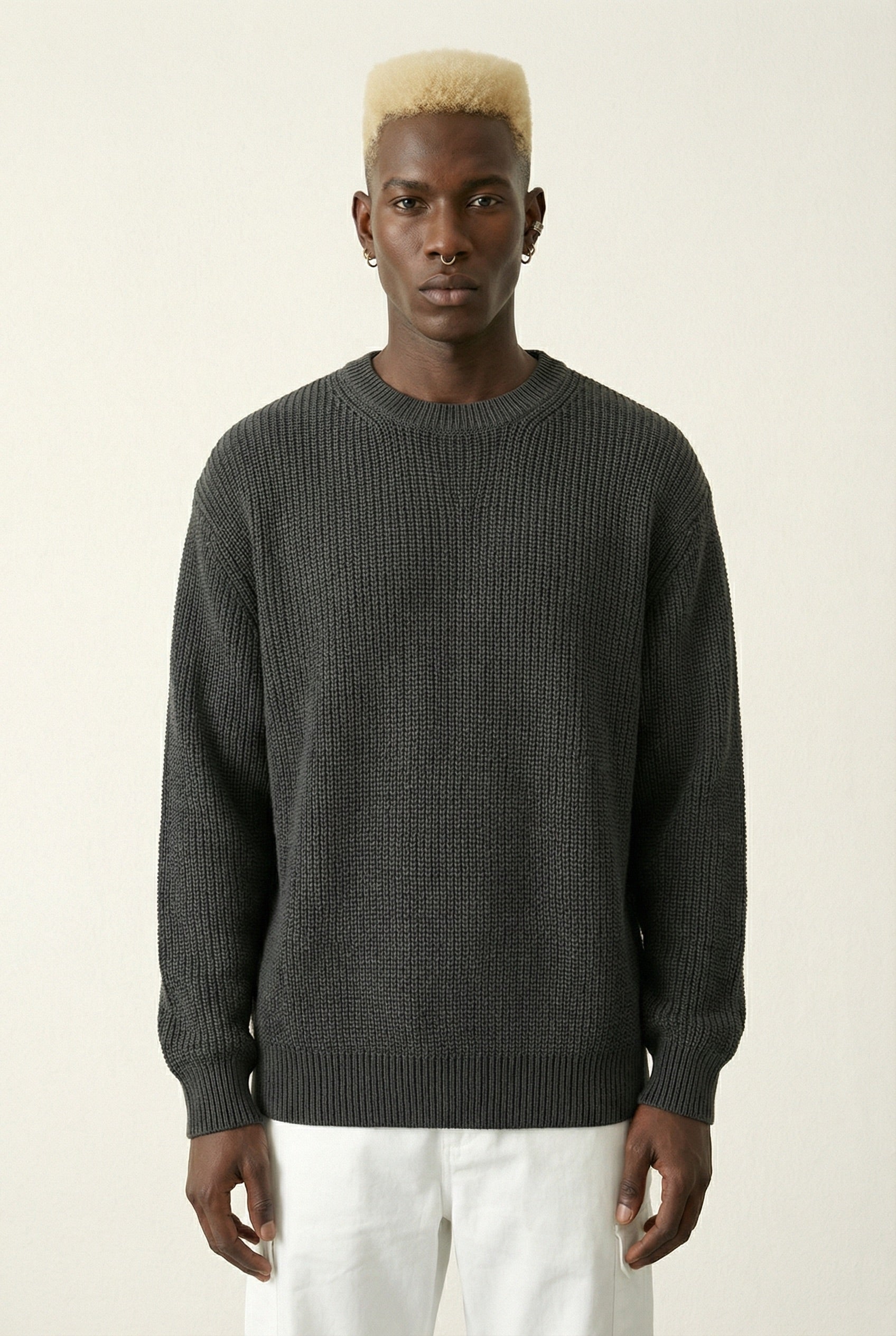%100 Pamuk Loose Fit Saç Örgü Erkek Kazak