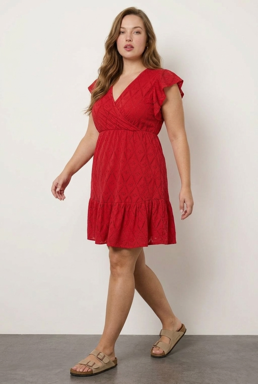 Büyük Beden V Yaka Kolsuz Dantel Desenli Esnek Kumaşlı Mini Elbise