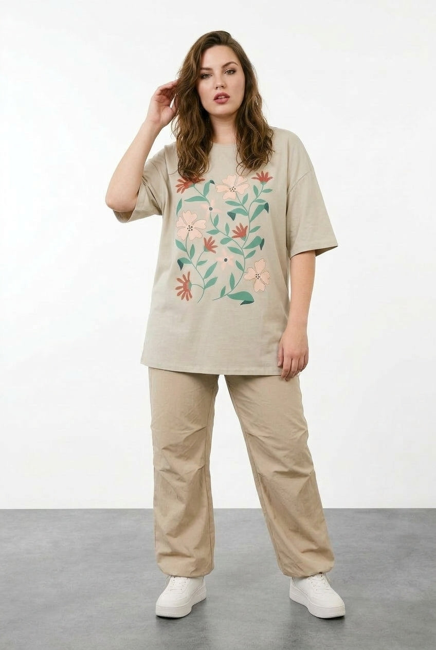 Çiçek Baskılı Oversize T-shirt