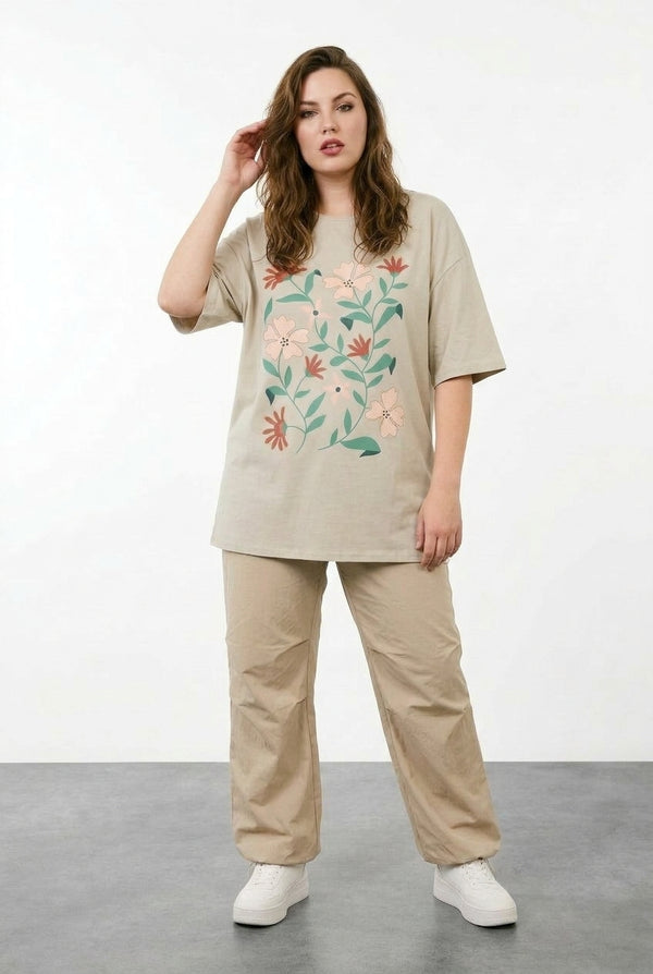 Çiçek Baskılı Oversize T-shirt