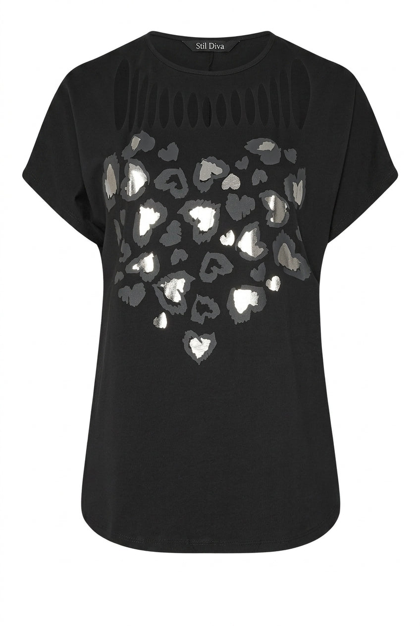 Metalik Baskılı Yırtık Detaylı T-shirt