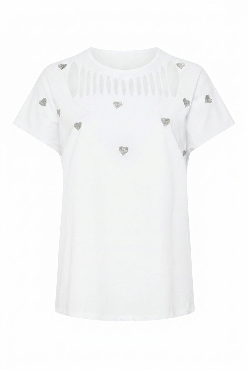 Önü Kesikli Kalp Desenli T-shirt