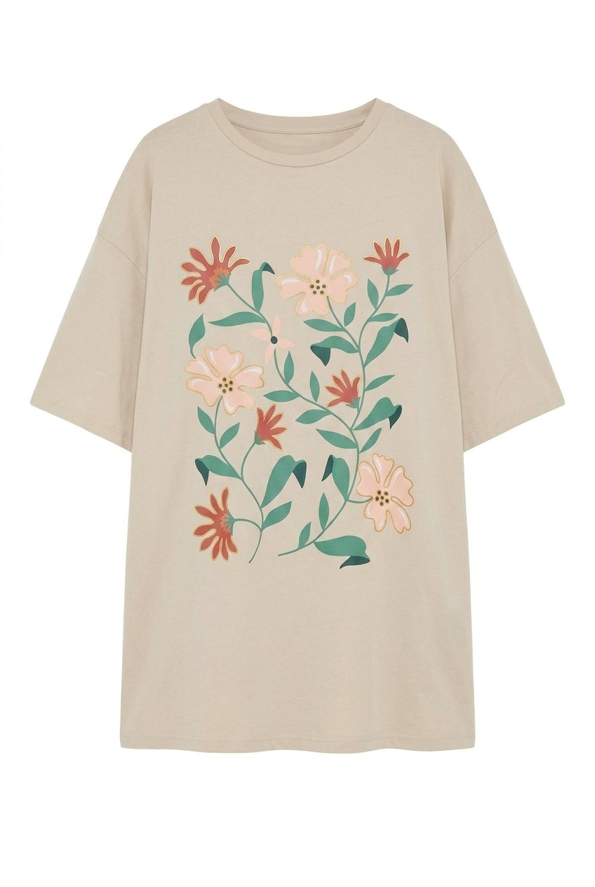 Çiçek Baskılı Oversize T-shirt
