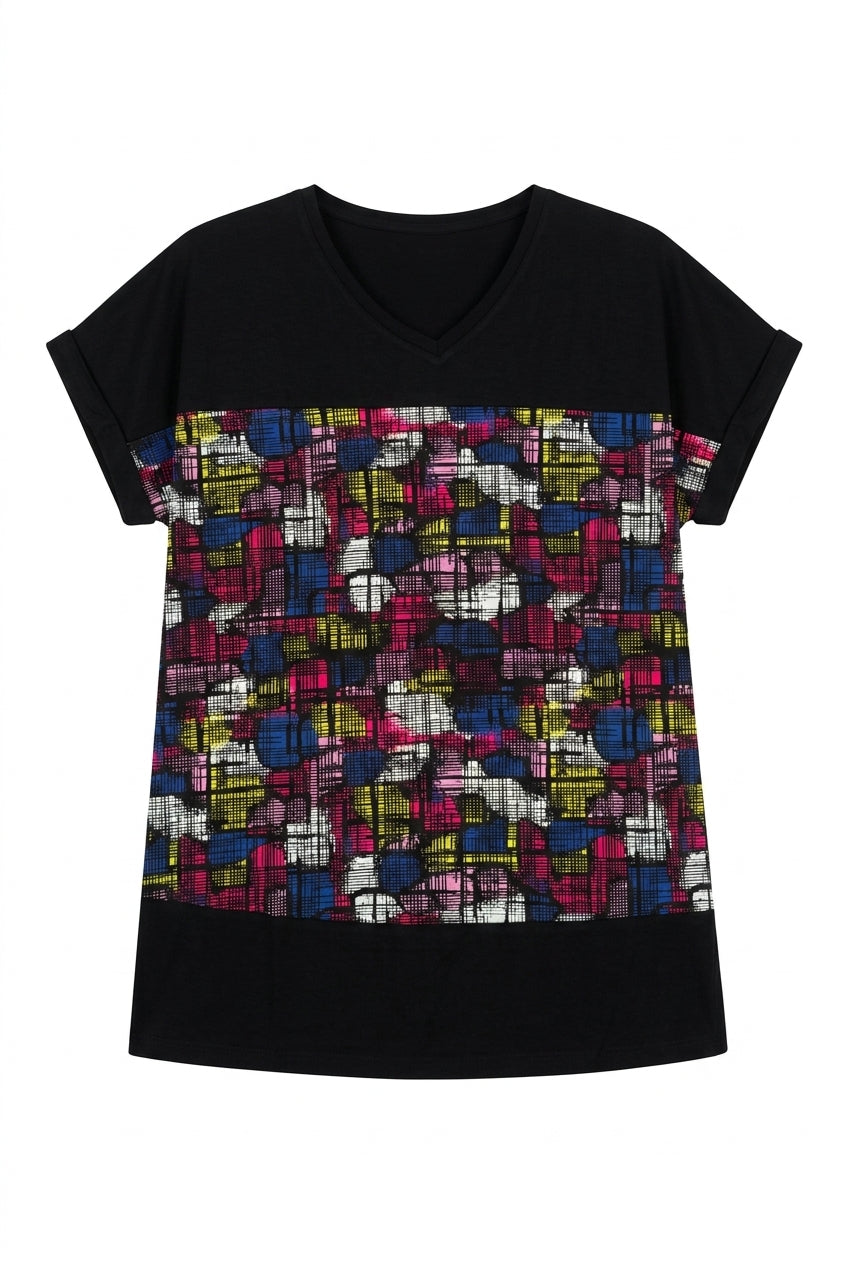 V Yaka Renk Bloklu T-shirt