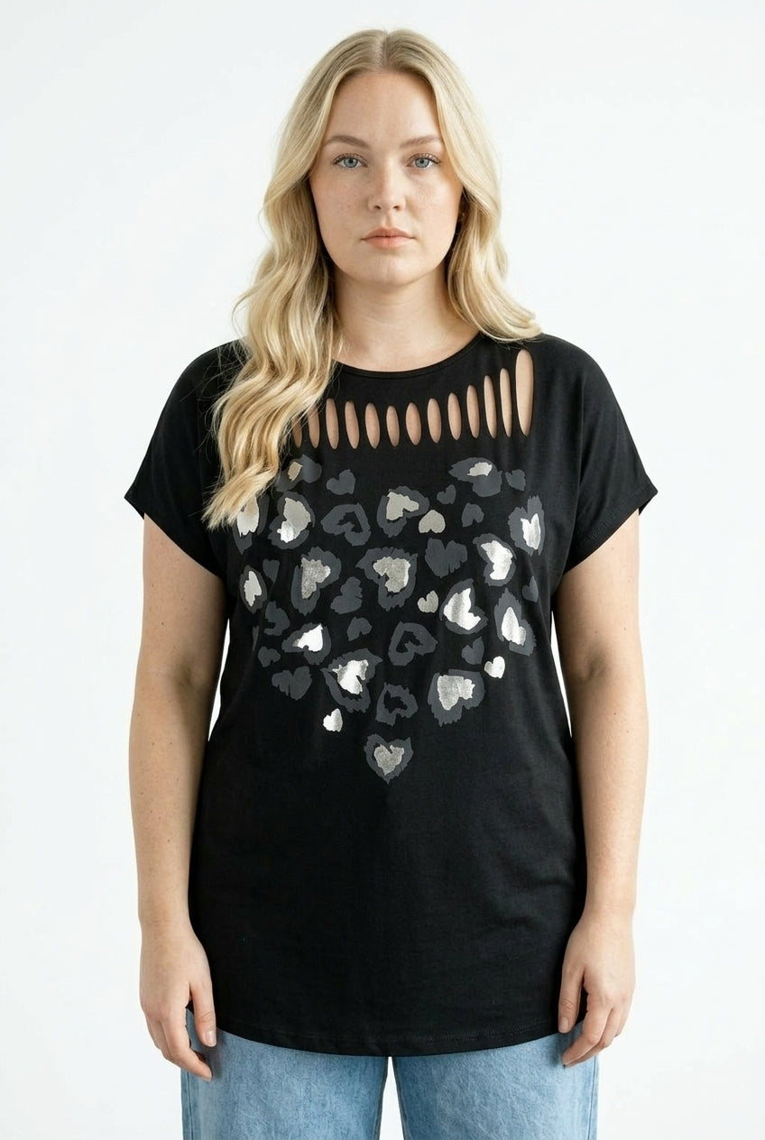 Metalik Baskılı Yırtık Detaylı T-shirt