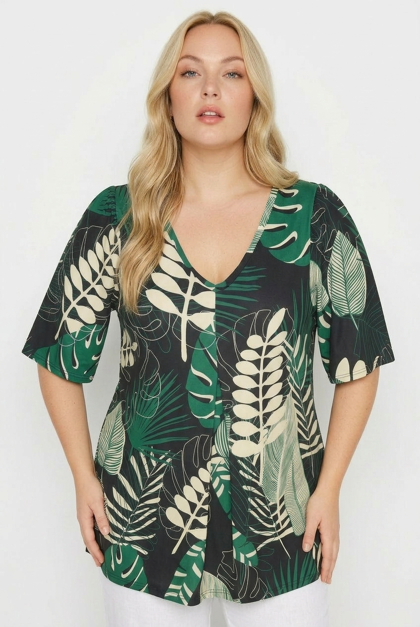 Büyük Beden V Yaka Kısa Geniş Kollu Önü Pileli Esnek Kumaşlı Tunik T-shirt