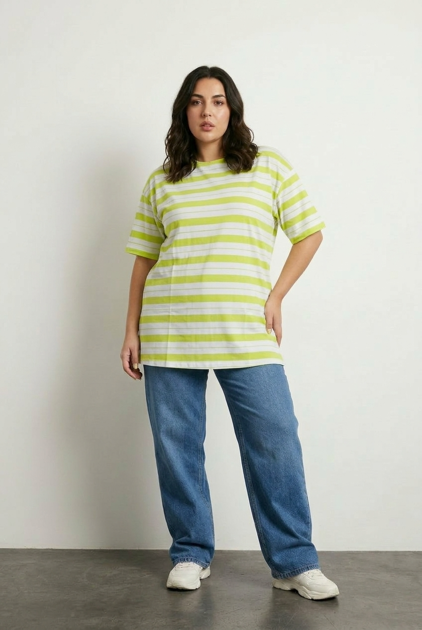 Büyük Beden Bisiklet Yaka Kısa Kollu Çizgili Uzun Esnek Kumaş Tunik T-shirt
