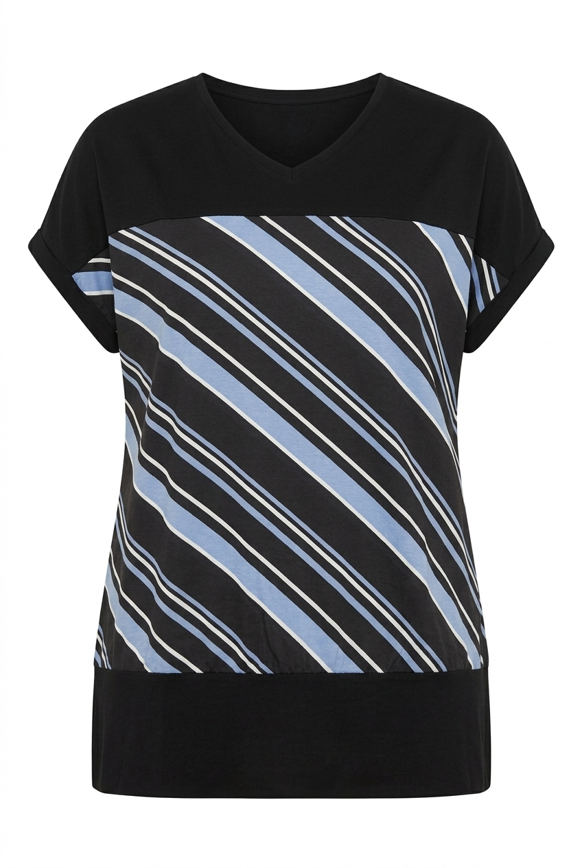 V Yaka Kısa Kollu Çizgili Esnek Kumaşlı T-shirt
