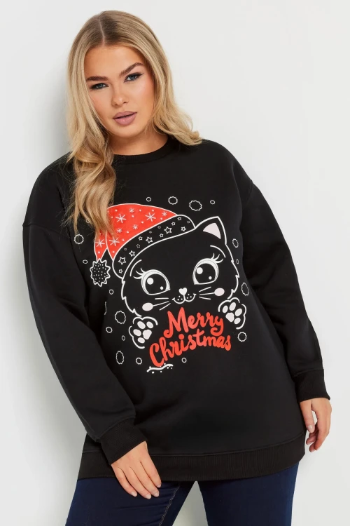 Büyük Beden Yılbaşı Temalı Bisiklet Yaka Uzun Kollu Sweatshirt 303821