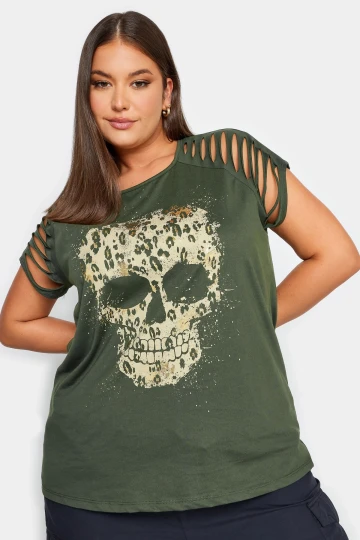 Büyük Beden Kol Detaylı Kuru Kafa Baskılı Bisiklet Yaka T-shirt 321124