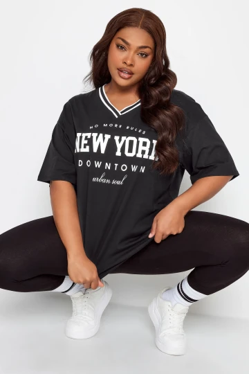 Büyük Beden Önü Baskılı V Yaka Yarım Kollu Uzun Kesim T-Shirt 302504