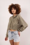 Oversize Uzun Kolları Lastikli Kapüşonlu Desenli Crop Kesim Sweatshirt