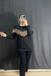 Büyük Beden Bisiklet Yaka Uzun Kollu Leopar Desenli Sweatshirt 300335