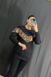 Büyük Beden Bisiklet Yaka Uzun Kollu Leopar Desenli Sweatshirt 300335