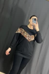 Büyük Beden Bisiklet Yaka Uzun Kollu Leopar Desenli Sweatshirt 300335