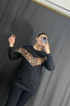 Büyük Beden Bisiklet Yaka Uzun Kollu Leopar Desenli Sweatshirt 300335