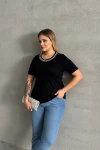 Büyük Beden Bisiklet Yaka Yakası Taş Detaylı Basic T-shirt SD-1064