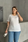 Büyük Beden Bisiklet Yaka Yakası Taş Detaylı Basic T-shirt SD-1064