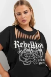 Büyük Beden Bisiklet Yaka Yırtık Detaylı Kısa Kollu Baskılı T-shirt 322124