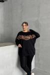 Büyük Beden Bisiklet Yaka Uzun Kollu Leopar Desenli Sweatshirt 300335