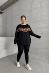 Büyük Beden Bisiklet Yaka Uzun Kollu Leopar Desenli Sweatshirt 300335