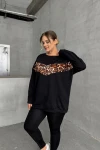 Büyük Beden Bisiklet Yaka Uzun Kollu Leopar Desenli Sweatshirt 300335