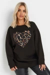 Büyük Beden Uzun Kollu Bisiklet Yaka Leopar Kalp Baskılı Sweatshirt 303752