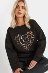 Büyük Beden Uzun Kollu Bisiklet Yaka Leopar Kalp Baskılı Sweatshirt 303752