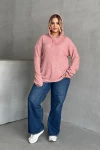 Büyük Beden Uzun Kollu Kapüşonlu Yanları Cepli İnce Örme Sweatshirt 300373